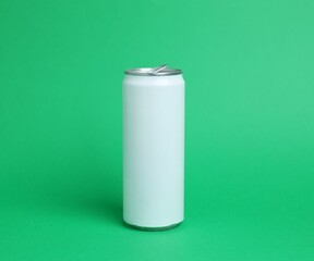 One white tin can on green background