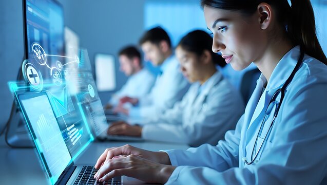 Medical Professionals Analyzing Healthcare Data on Computers in a Modern Office, Cutting-Edge Tech in Healthcare: Team of Doctors Working Together on Advanced Medical Technology