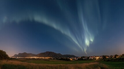 Panoramic night sky aurora borealis over a small town