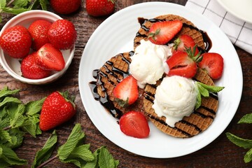 Tasty Dutch waffles (stroopwafels) with strawberries, ice cream and chocolate sauce on wooden table, flat lay