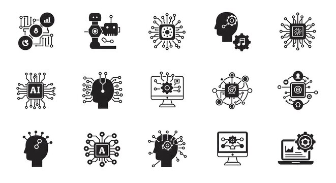 Artificial Intelligence Icons: A collection of diverse and stylized icons symbolizes the evolution of artificial intelligence, offering a visual representation of this rapidly advancing field