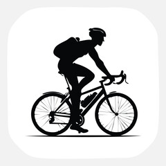 Naklejka premium Black silhouette of a cyclist with a backpack riding a bicycle white