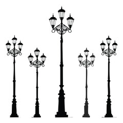 Black Victorian Lamppost Silhouettes with Multiple Lights on White street light vintage