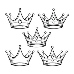 Five black line art crowns with pointed tops and decorative elements royal tiara