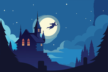  animated spirit flying over haunted house rooftop.eps