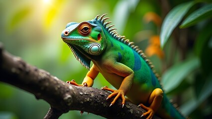 Fototapeta premium Green Iguana on Tree Branch with Tropical Floral Background
