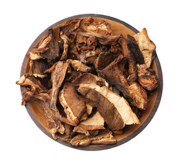 Pieces of dried mushrooms in bowl isolated on white, top view