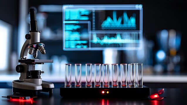 Laboratory Equipment for Advanced Research and Modern Medicine, High Tech Science Laboratory Workplace with Test Tubes and Microscope