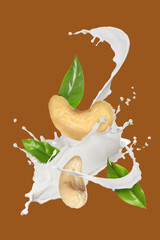 Milk nut splash, cashews and green leaves against brown background
