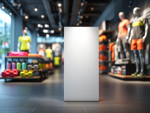 Vertical white billboard in activewear and sports gear store with mannequins and colorful products, blank advertising mockup for athletic branding or gym retail promotion