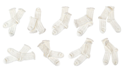 Clean white socks isolated on white, collage. Top view