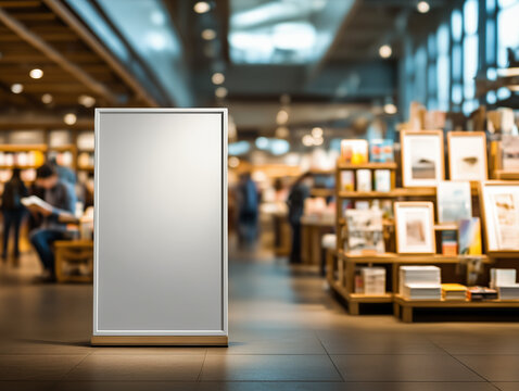 Vertical white billboard in cozy bookstore with warm wooden shelves and blurred background, blank ad mockup for publishing, reading, or seasonal book promotions