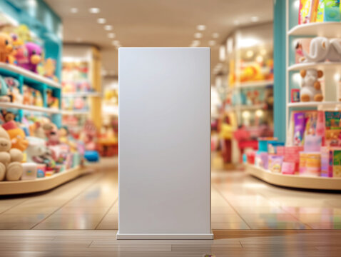 Vertical white billboard in colorful toy store with plush displays, blank advertising mockup for children’s product promotions or holiday retail campaigns