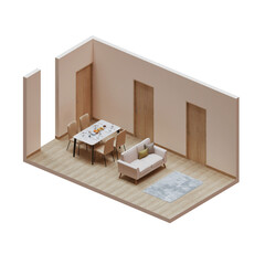 Isometric Dining Living Room With Wood Floor 3D Render Illustration