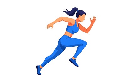 Flat cartoon woman running outdoors in athletic gear, fitness and health concept.