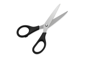 Metal scissors with black handles resting open, professional cutting tool against clean background