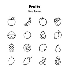 Vector set of healthy fruit and berry icons: apple, strawberry, lemon, cherry, banana, pear, orange, pineapple, tomato, corn, and pepper silhouettes