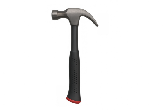 Studio shot featuring a claw hammer with a striking black and red handle, set against a transparent background for clear visibility
