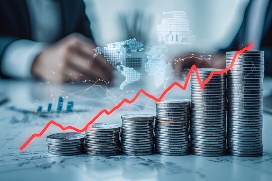 Stacks of coins with an upward trending red line and a world map in the background on a desk