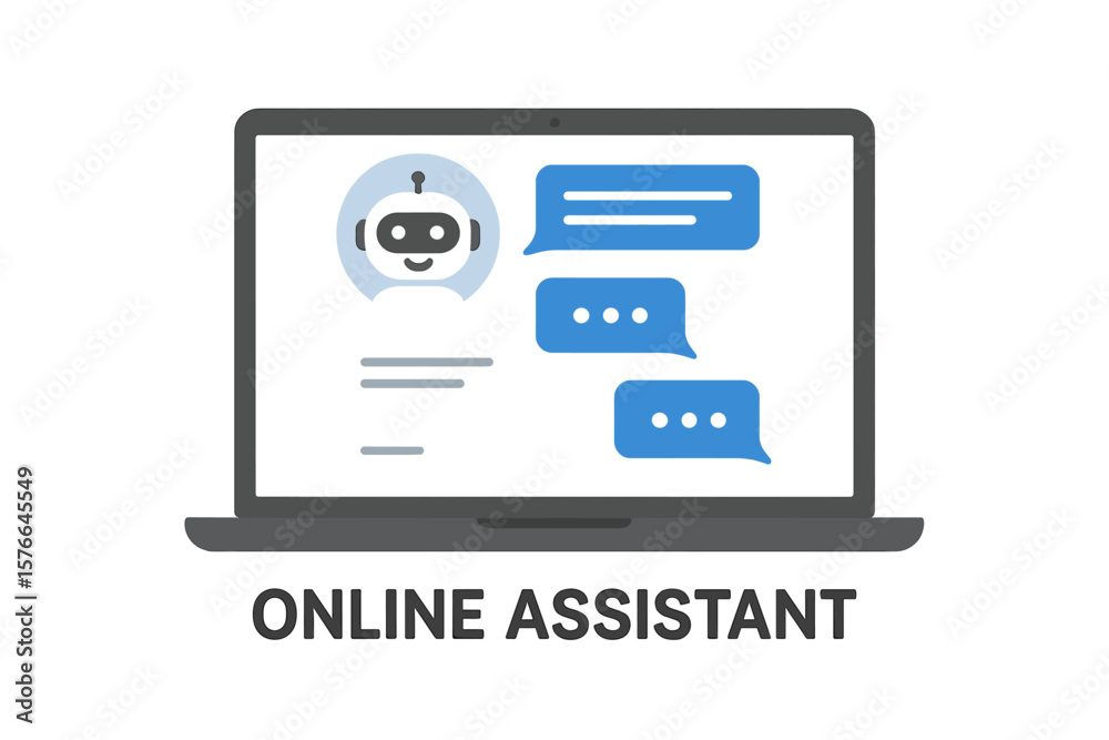 Fototapete Chatbot icon on laptop screen. Online virtual assistant for customer service and support. AI bot technology concept. Dialogue with robot, messaging, communication vector.