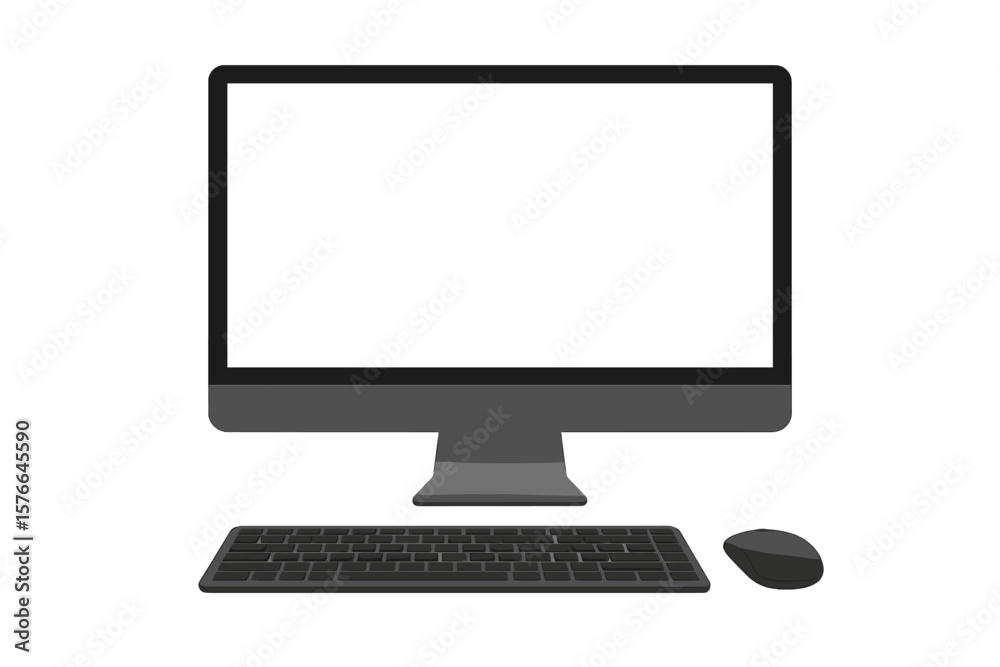 Poster Computer monitor mockup front view with keyboard and mouse. Blank white empty screen. Realistic vector illustration isolated on white. Technology device for presentation.