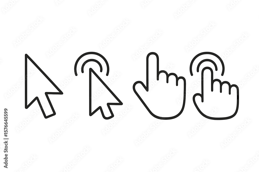 Fototapete Computer mouse cursor and hand pointer icon set. Click and tap symbols for web design. Arrow and finger press selection for website button or link. Vector illustration UI UX.