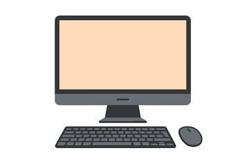 Desktop computer monitor with keyboard and mouse front view. Modern PC workstation with blank empty screen for mockup or copy space. Technology device, office equipment vector.