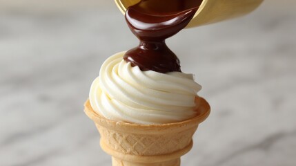 Creamy ice cream cone with chocolate sauce