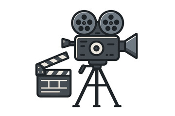 Obraz premium Retro movie camera with clapperboard for filmmaking and cinema production. Vintage cinematography equipment icon. Old film video recorder on tripod vector illustration.