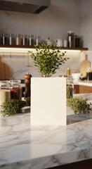 Blank card a kitchen countertop with herbs jars and a blank card in a bright and airy setting indoors