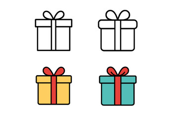 Vector gift box icon collection. Set of present boxes in thin line and colorful flat design styles. Symbol for birthday, Christmas, anniversary, giveaway, prize or surprise.