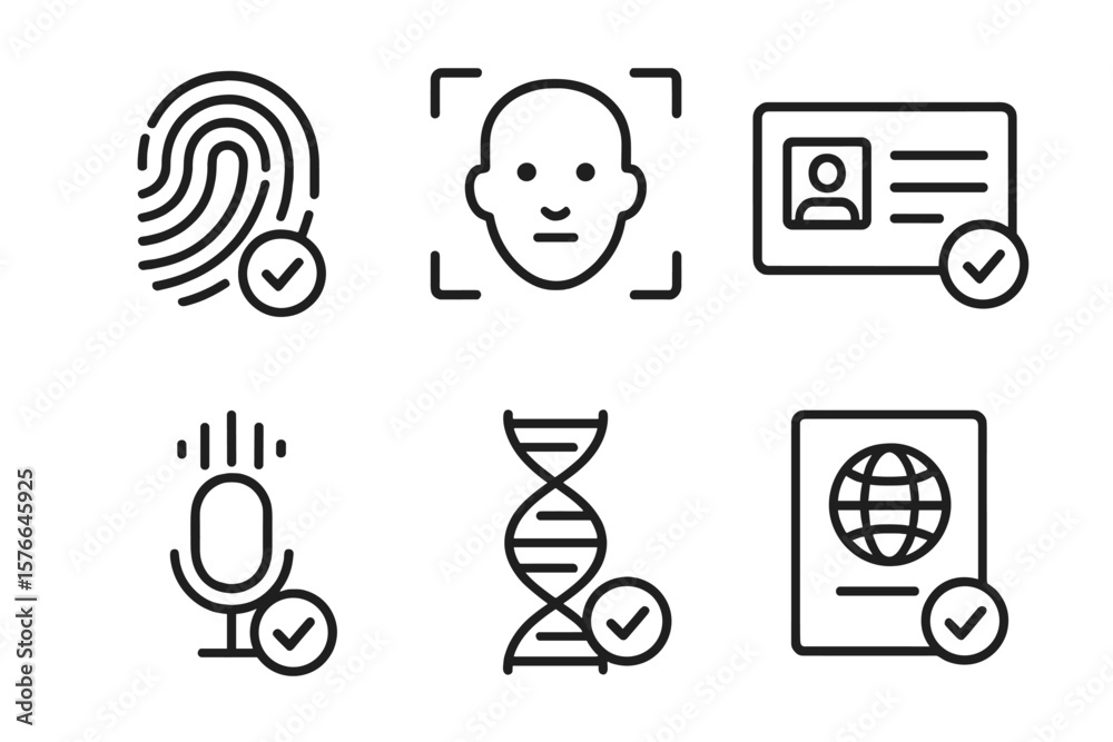 Poster identity verification set of 6 web icons in line style, featuring fingerprint, face identification, 