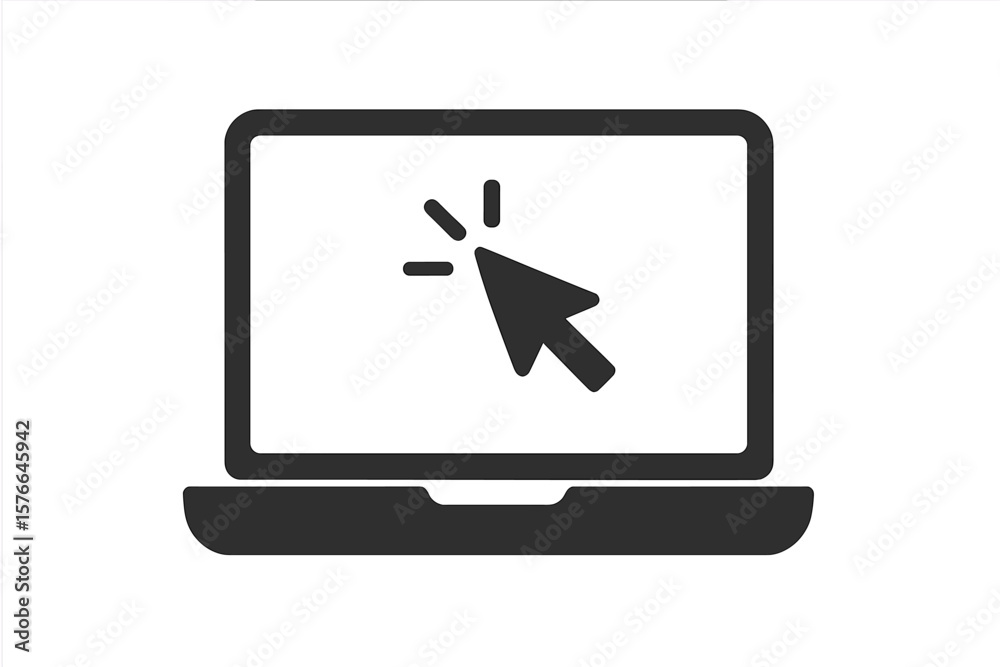 Poster laptop computer icon with mouse cursor click, modern notebook front view, online services, web desig