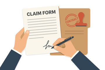 Businessman Signing Insurance Claim Form, Contract Agreement, Legal Document Approval, Office Folder with Stamp, Handwriting Signature, Paperwork Process, Vector Illustration