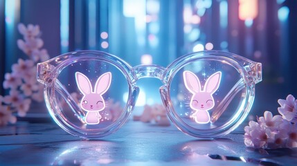 Colorful 3D Glasses with Cute Bunny Reflections and Flowers