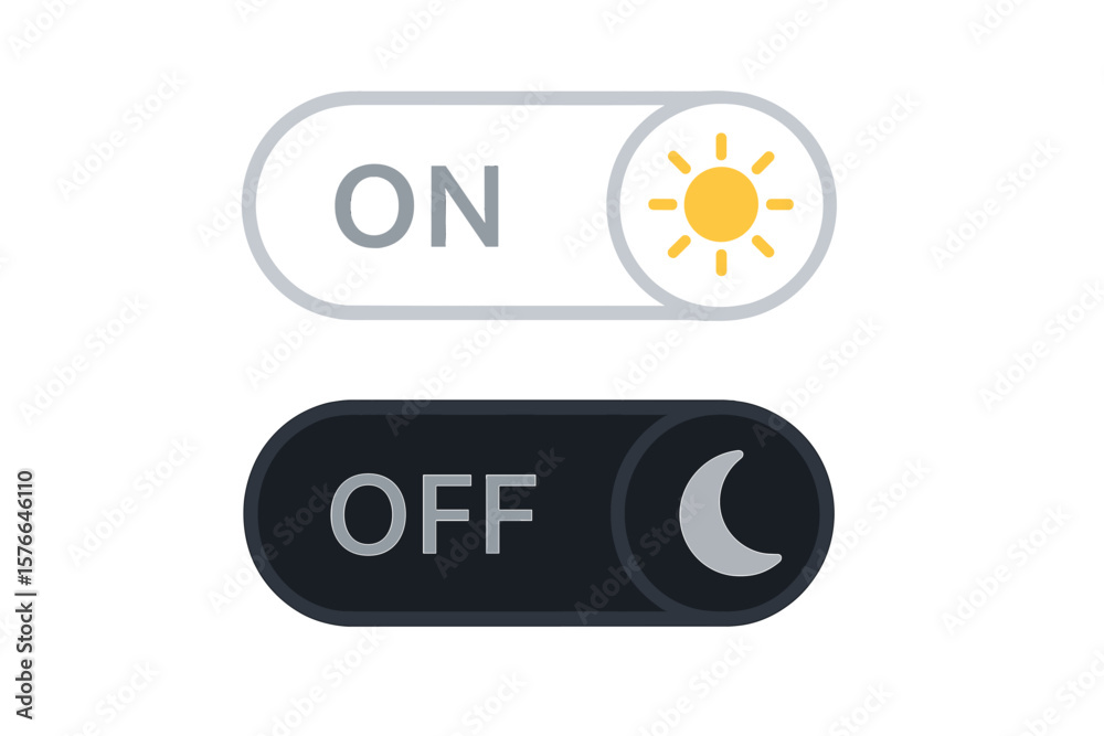 Poster toggle switch vector icons for light and dark mode, on off day night ui button set, mobile app web d