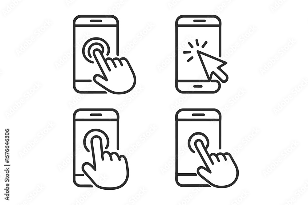 Poster smartphone touch screen icons set. hand clicking, tapping, touch gesture, cursor pointer. mobile dev