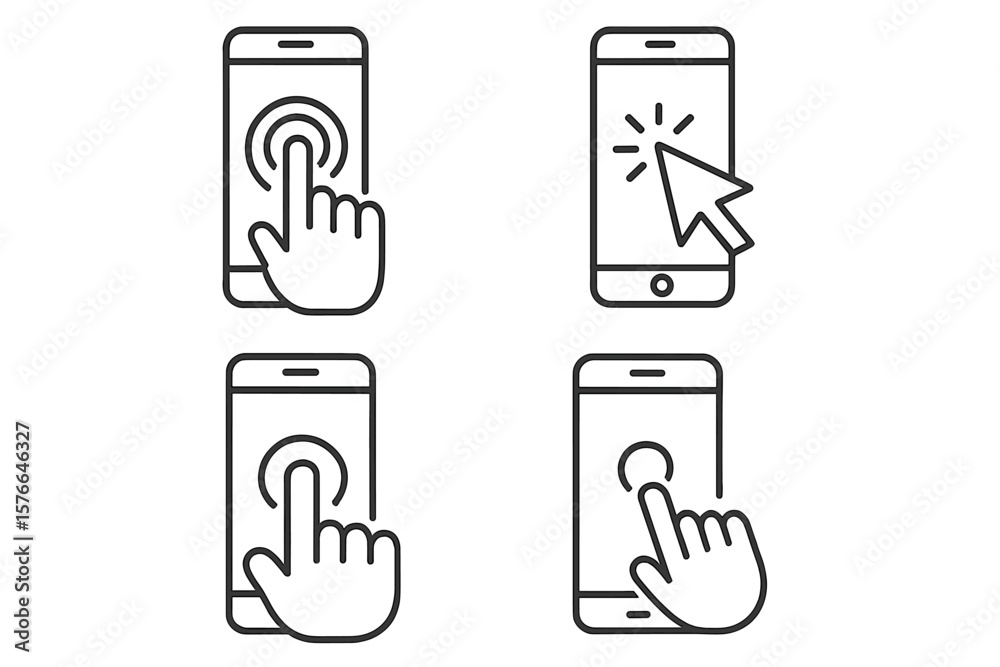 Aufkleber smartphone touch screen interaction icons set. hand tapping, clicking, cursor pointer, mobile device