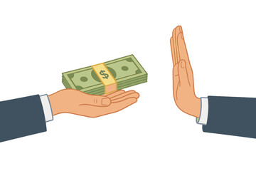 Anti-corruption, Bribery Refusal, Business Ethics Concept. Hand Offering Cash Bribe, Other Hand Rejecting Money. Financial Crime Prevention, Businessman Refuses Illegal Payment, Stop Corruption