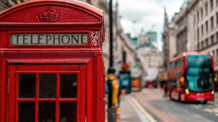 Red phone booth on city street
