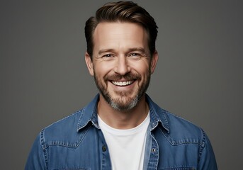 Fototapeta premium A handsome man with a beard smiling in a denim shirt portrait