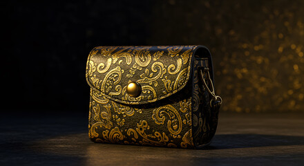 Ornate Gold and Black Handbag with Floral Design