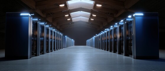 High-tech server room with blue lighting and graphics card render farm