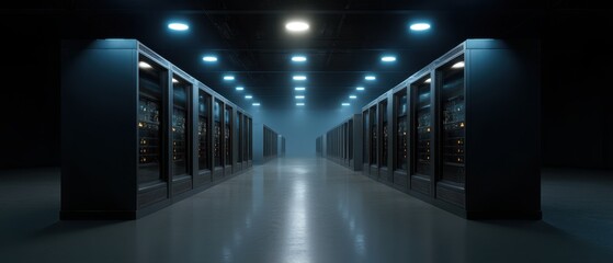 Futuristic server room with blue lighting and graphics card render farm technology