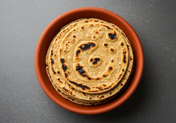 Overhead shot of roti chapati in a terracotta bowl