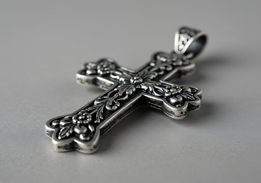 An ornate silver cross pendant with intricate floral designs shines brightly