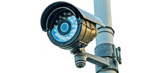Security camera on a pole on transparent png photo