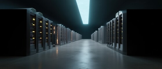 Futuristic render farm server room with blue lighting for technological solutions