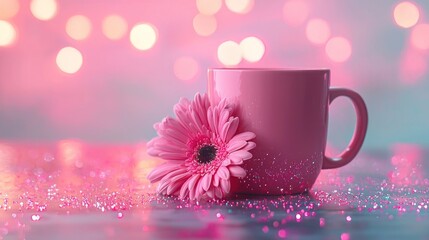 Pink Mug with Flower on Glittery Surface and Soft Bokeh Background