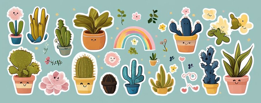 Cute and colorful cartoon-style stickers featuring various potted cacti, succulents, small flowers, leaves, hearts, butterflies, and a rainbow on a light blue background